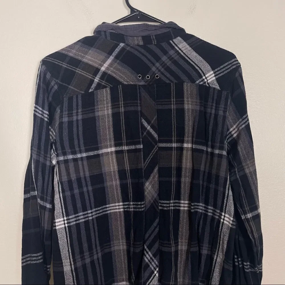 Free People Black with Grey and Brown Plaid Long Sleeve Shirt‎ Women’s Small